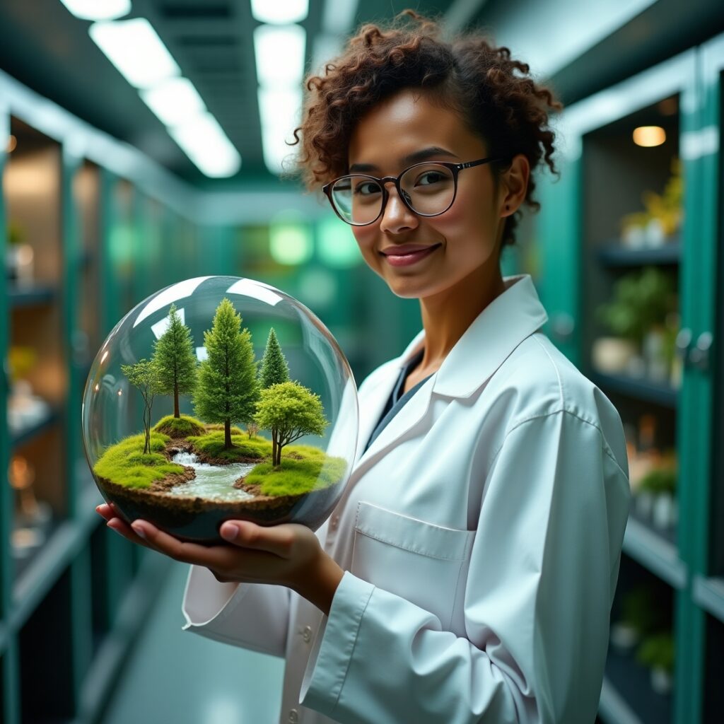 biotech lab holding a petri dish with a miniature forest growing inside,